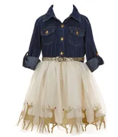 Zunie Little Girls 4-6X Long Sleeve Denim-Bodice/Christmas Reindeer Border Hem Mesh-Skirted Dress