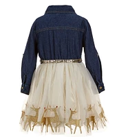 Zunie Little Girls 4-6X Long Sleeve Denim-Bodice/Christmas Reindeer Border Hem Mesh-Skirted Dress