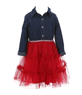 Zunie Little Girls 4-6X Long Sleeve Denim/Glitter-Accented Mesh Tutu-Skirted Dress