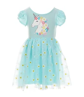 Zunie Little Girls 4-6X Short Sleeve Unicorn Head Motif With Knit Bodice/Daisy-Printed Mesh Tutu-Skirted Dress