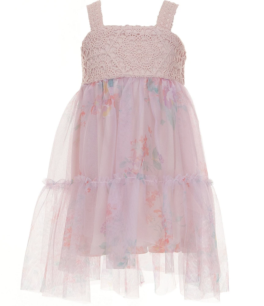 Zunie Little Girls Sleeveless Crocheted-Bodice/Tiered Mesh Skirted Dress