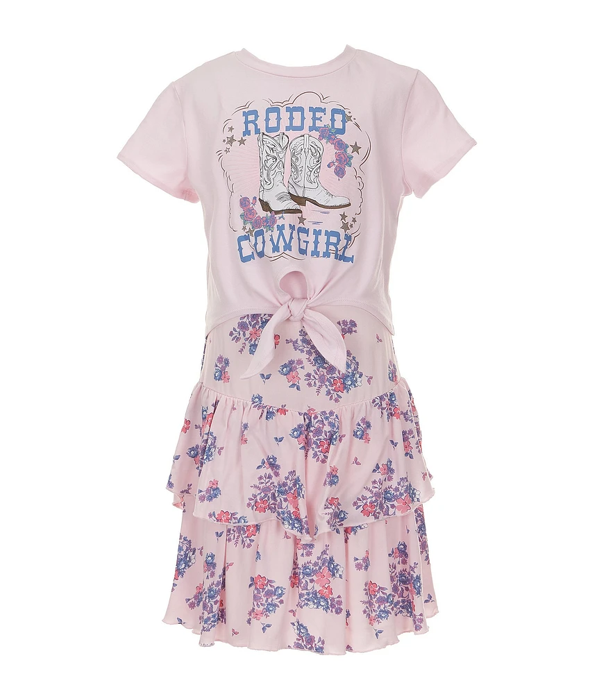Zunie Little Girls 4-6X Sleeveless Floral-Printed Challis Long Dress & Short-Sleeve Cowgirl Rodeo T-Shirt Set