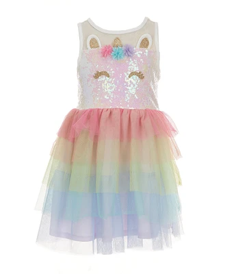 Zunie Little Girls 4-6X Sleeveless Unicorn-Face-Applique/Rainbow-Pattern Tutu-Skirted Dress