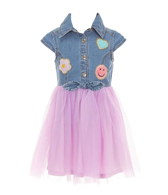 Zunie Little Girls Cap-Sleeve Denim Appliqued/Tulle-Skirted Tutu Dress