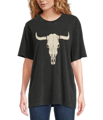 Zutter Knit Puffed Longhorn Bone Crew Neck Short Sleeve Oversized Graphic Tee Shirt