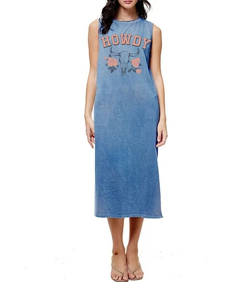 Zutter Sleeveless Crew Neck Howdy Floral Longhorn Tee Shirt Midi Dress