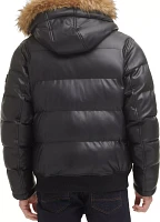 Tommy Hilfiger Men's Faux Leather Quilted Snorkel Bomber Jacket with Faux Fur Hood