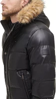 Tommy Hilfiger Men's Faux Leather Quilted Snorkel Bomber Jacket with Faux Fur Hood