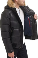 Tommy Hilfiger Men's Faux Leather Quilted Snorkel Bomber Jacket with Faux Fur Hood