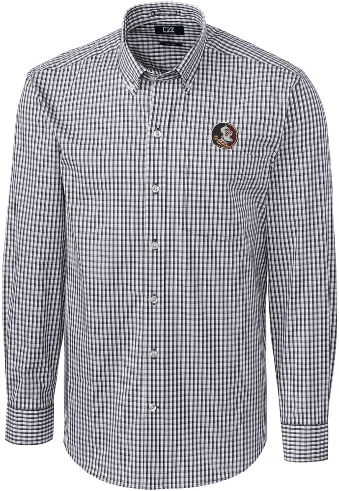 Cutter & Buck Men's Florida State Seminoles Grey Stretch Gingham Long Sleeve Button Down Shirt