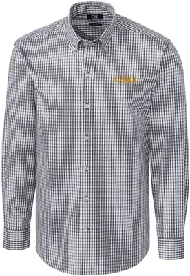 Cutter & Buck Men's LSU Tigers Grey Stretch Gingham Long Sleeve Button Down Shirt