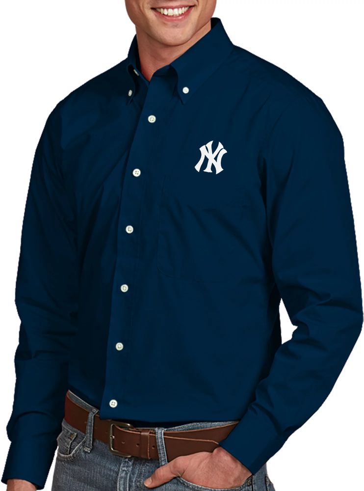 Antigua Men's New York Yankees Dynasty Navy Long Sleeve Button Down Shirt