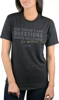 Baseballism Women's "She Answers Them" Warm-Up T-Shirt