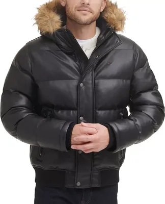 Tommy Hilfiger Men's Faux Leather Quilted Snorkel Bomber Jacket with Faux Fur Hood