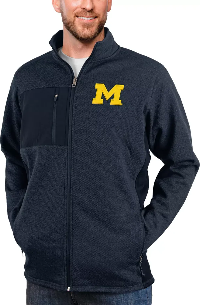 Antigua Men's Michigan Wolverines Navy Heather Course Full Zip Jacket