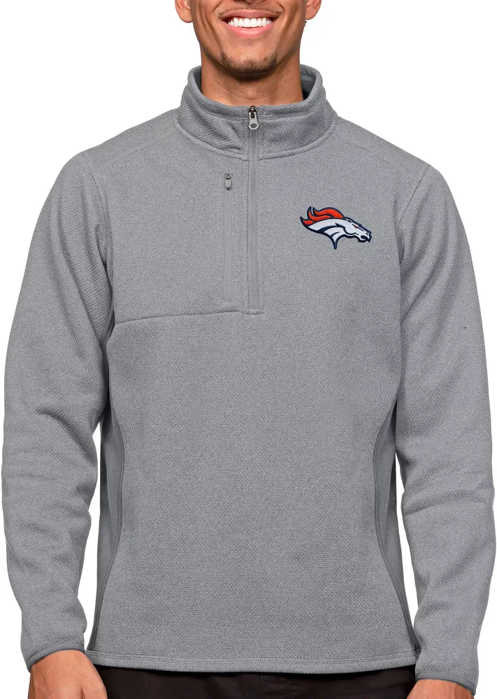 Antigua Denver Broncos Course Light Grey Heather Quarter-Zip Long Sleeve Pullover T-Shirt