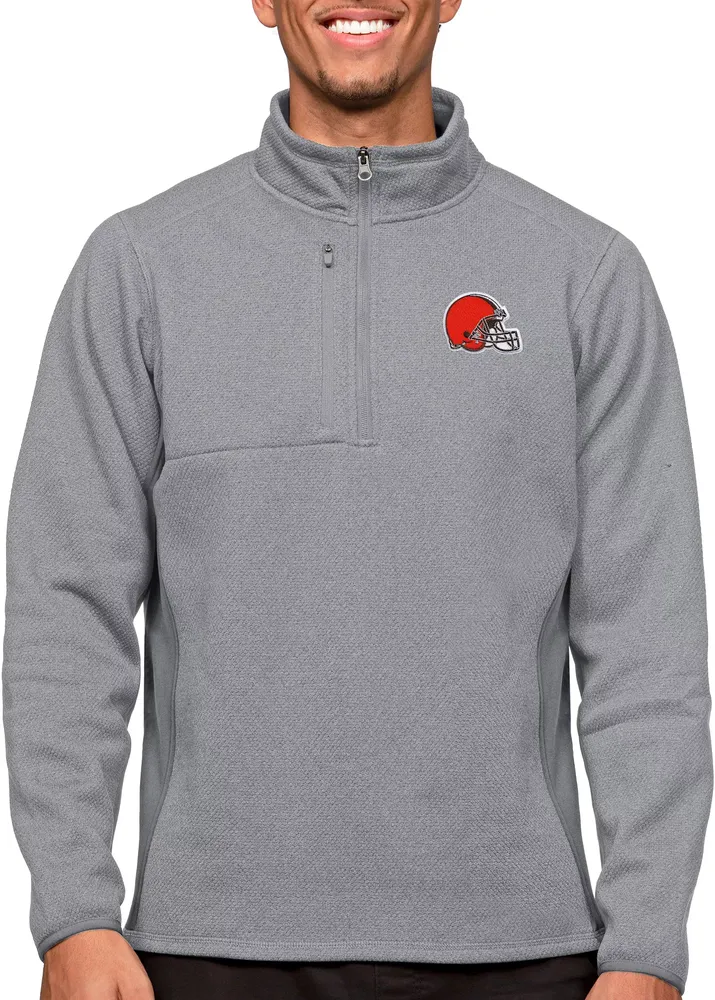 Antigua Cleveland Browns Course Light Grey Heather Quarter-Zip Long Sleeve Pullover T-Shirt