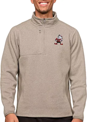 Antigua Cleveland Browns Course Oatmeal Heather Quarter-Zip Long Sleeve Pullover T-Shirt