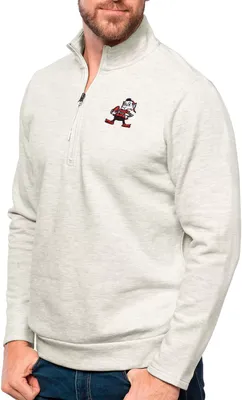 Antigua Cleveland Browns Oatmeal Gambit Quarter-Zip Long Sleeve Pullover T-Shirt