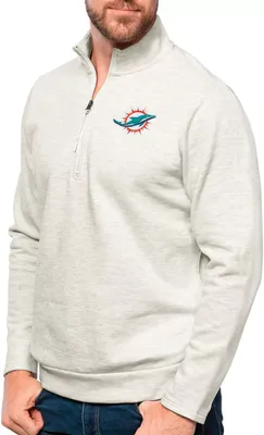 Antigua Miami Dolphins Oatmeal Gambit Quarter-Zip Long Sleeve Pullover T-Shirt