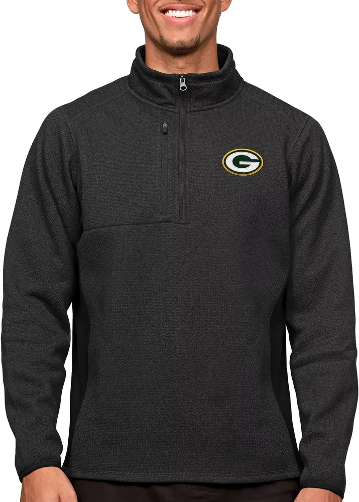 Antigua Green Bay Packers Course Black Heather Quarter-Zip Long Sleeve Pullover T-Shirt