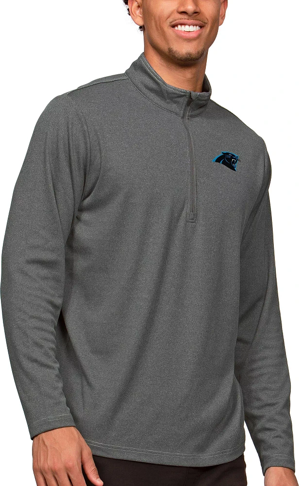 Antigua Carolina Panthers Course Charcoal Heather Quarter-Zip Long Sleeve Pullover T-Shirt