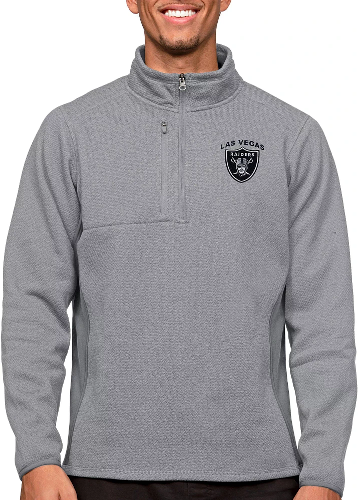 Antigua Las Vegas Raiders Course Light Grey Heather Quarter-Zip Long Sleeve Pullover T-Shirt