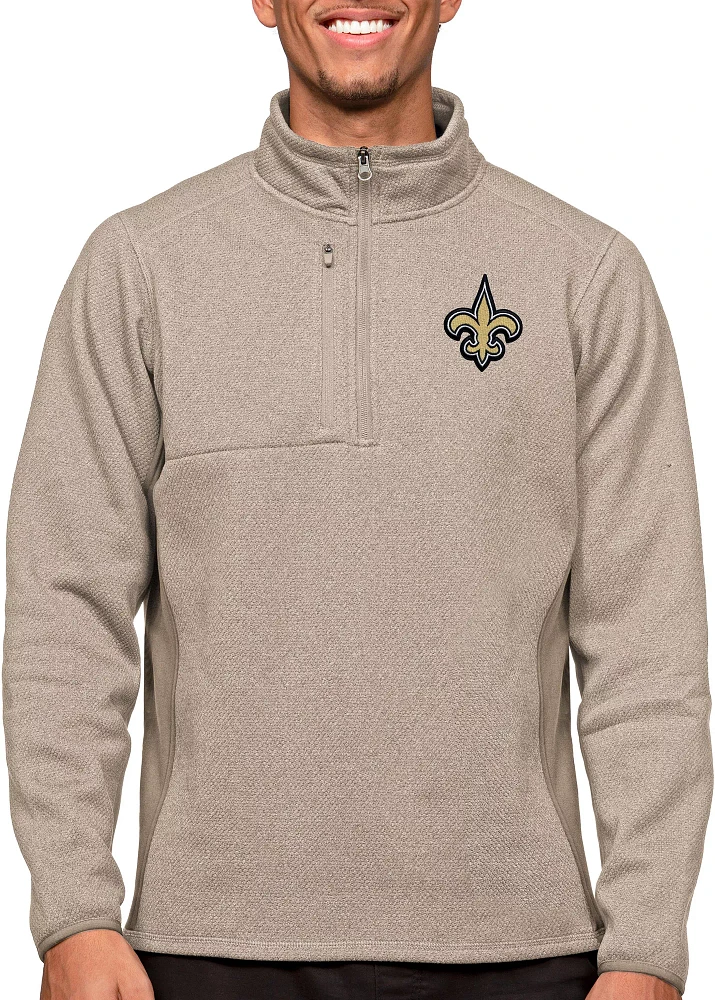 Antigua New Orleans Saints Course Oatmeal Heather Quarter-Zip Long Sleeve Pullover T-Shirt