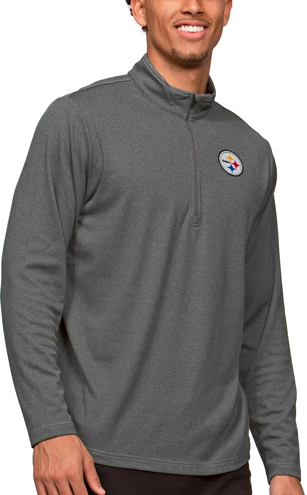 Antigua Pittsburgh Steelers Course Charcoal Heather Quarter-Zip Long Sleeve Pullover T-Shirt