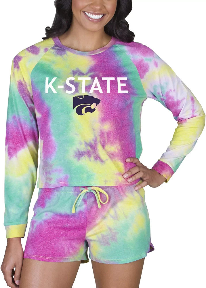 Concepts Sport Women's Kansas State Wildcats Tie-Dye Velodrome Long Sleeve T-Shirt and Short Set