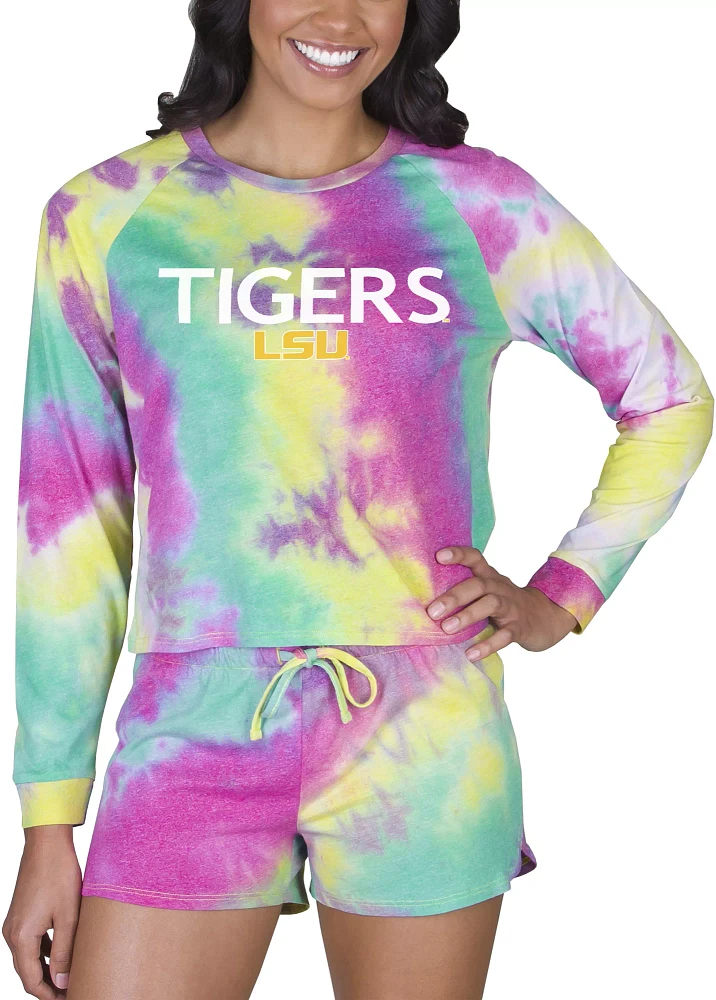 Concepts Sport Women's LSU Tigers Tie-Dye Velodrome Long Sleeve T-Shirt and Short Set