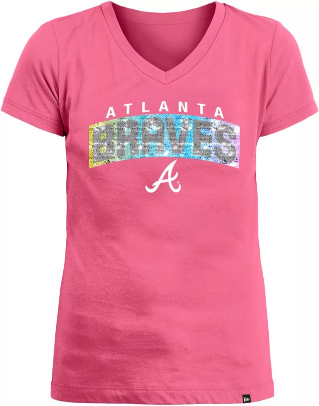 Atlanta Braves New Era Girls Youth Flip Sequin Team V-Neck T-Shirt - Navy