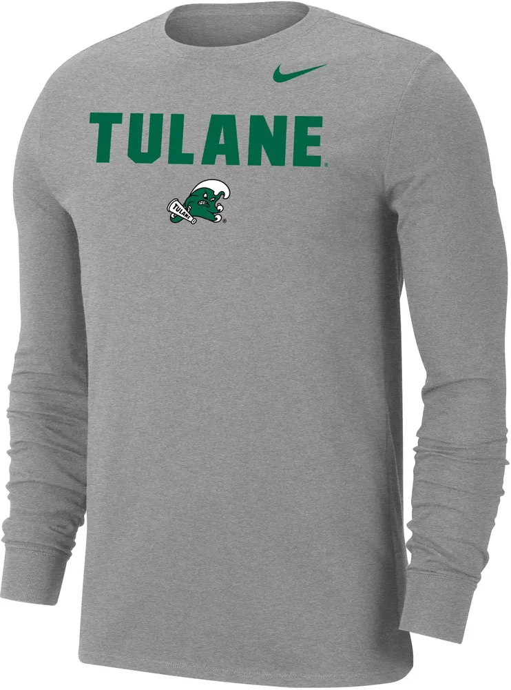 Nike Men's Tulane Green Wave Grey Dri-FIT Cotton Long Sleeve T-Shirt