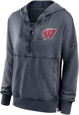 NCAA Women's Wisconsin Badgers Grey True Classic Acid Wash Lace Up Hoodie