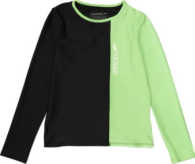 Speedo Girls' Solid Blocked Logo Swim Long Sleeve Rashguard