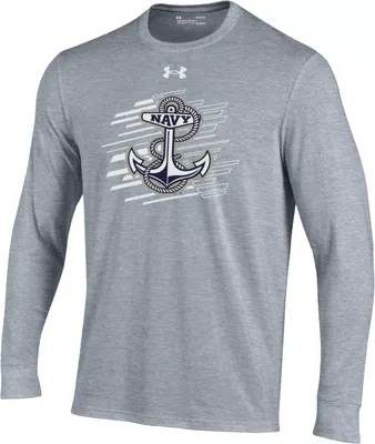 Under Armour Youth Navy Midshipmen Grey Performance Cotton Longsleeve T-Shirt