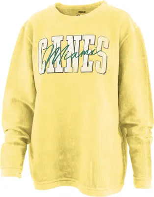 Pressbox Women's Miami Hurricanes Yellow Comfy Cord Crewneck Sweater