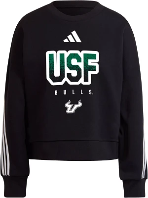 adidas Women's South Florida Bulls Black 3-Stripe Crew Pullover Sweatshirt