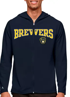 Antigua Men's Milwaukee Brewers Navy Legacy Full Zip Hoodie