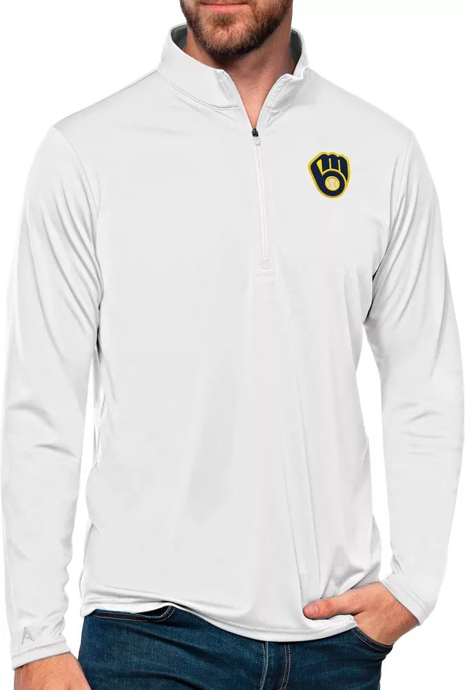 Antigua Men's Milwaukee Brewers White Tribute 1/4 Zip Pullover