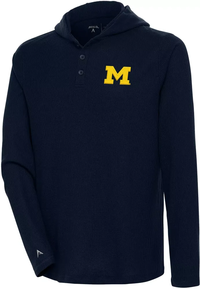 Antigua Men's Michigan Wolverines Blue Strong Hold Hooded Henley