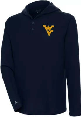 Antigua Men's West Virginia Mountaineers Blue Strong Hold Hooded Henley