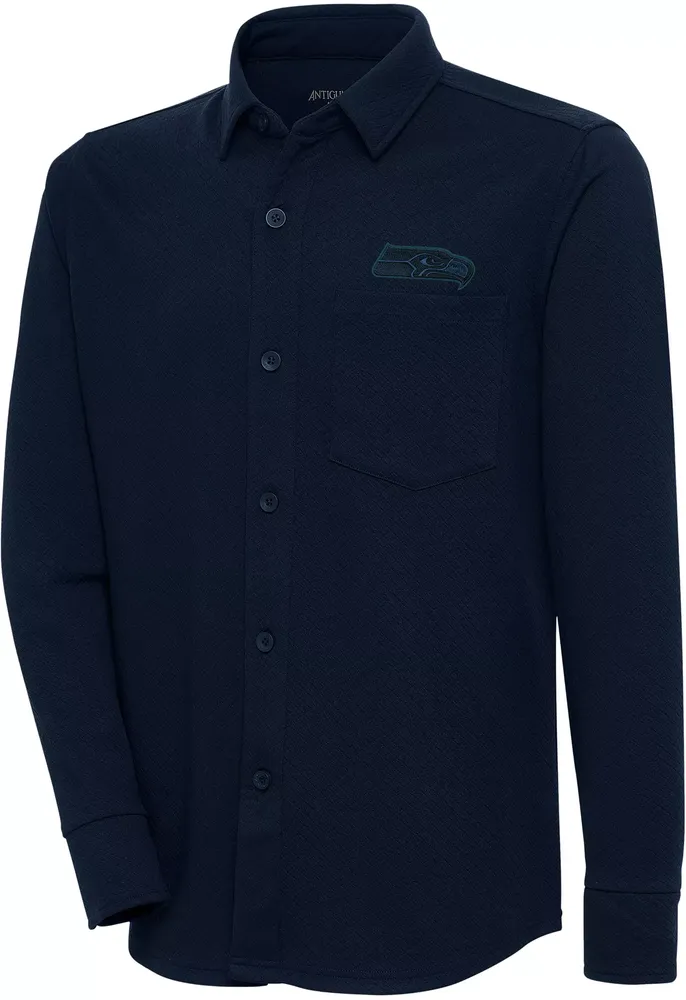 Antigua Men's Seattle Seahawks Steamer Navy Button-Up Long Sleeve Shirt