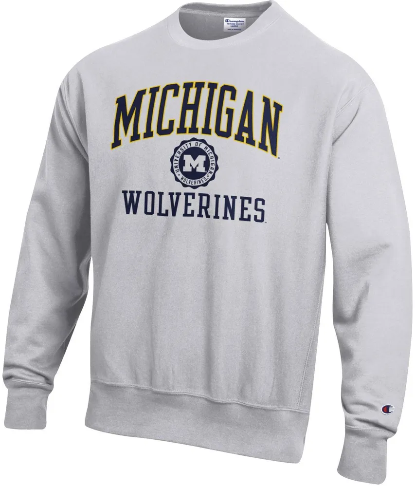 Champion Men's Michigan Wolverines Silver Grey Reverse Weave Crew Pullover Sweatshirt