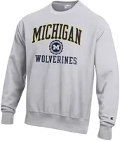 Champion Men's Michigan Wolverines Silver Grey Reverse Weave Crew Pullover Sweatshirt