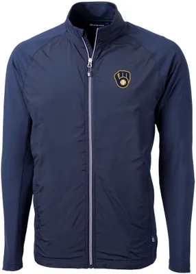 Cutter & Buck Men's Milwaukee Brewers Blue Eco Knit Hybrid Jacket