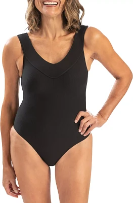 Dolfin Women's Solid V-neck Rib One-Piece Swimsuit