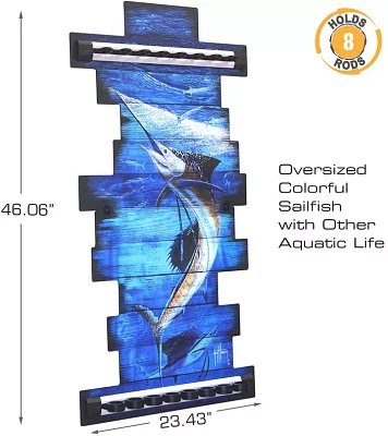 Rush Creek Guy Harvey Sailfish Fishing Wall Storage Rack 8 Rod Holder