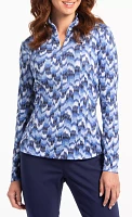 EP New York Women's Bargello Print Zip Mock Neck Long Sleeved Golf Polo