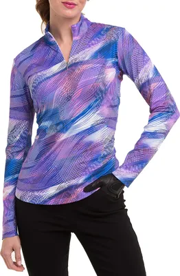 EP New York Women's Long Sleeve 1/4 Zip Abstract Multi Wave Print Top